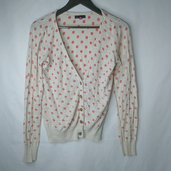 T/O Sweaters M Polka Dot Cotton Cardigan Sweater in Beige Pink - Picture 1 of 4